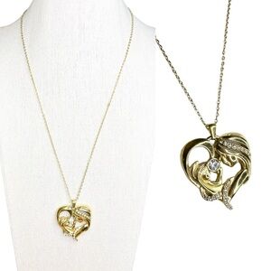 Vintage Mother & Child Rhinestone Gold Tone Pendant Necklace